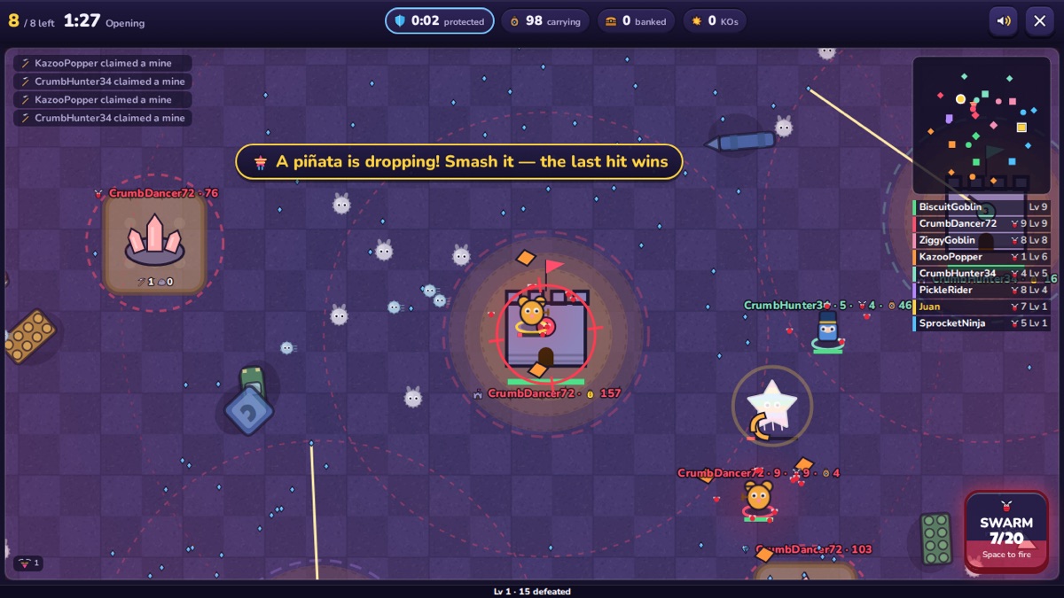 A SwarmFort.io match on the toy-room map: forts on rugs, a crystal mine, players with fly swarms, the minimap and standings.