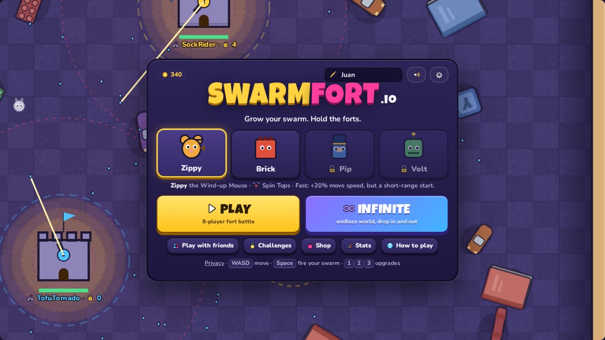 The SwarmFort.io menu: the logo, four toy characters to choose from, PLAY and INFINITE buttons, over a live bot match.